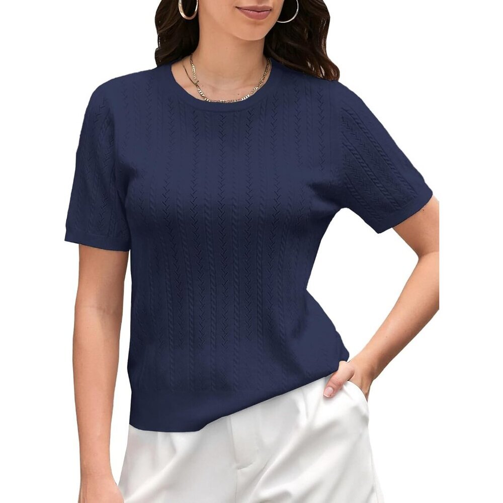 Women's Lightweight Short Sleeve Sweater Viscose Blend Hollow Out Crew Neck